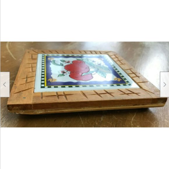 Rustic Apple Blossom Ceramic Tile Trivet Pot Holder with Wood Base - Picture 2 of 4